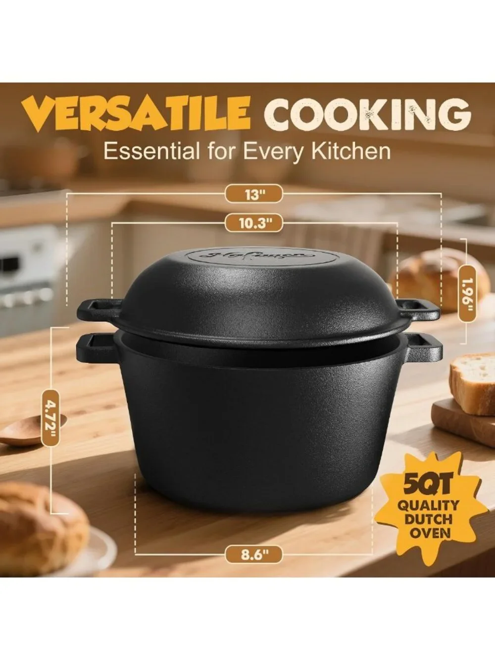 5QT Cast Iron Dutch Oven Pot for Baking, Skillet Lid Cooking Pan, Versatile